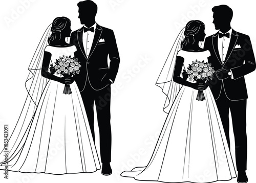 A black and white illustration depicts a newlywed couple in formal attire showcasing a bride in a veil and gown and a groom in a