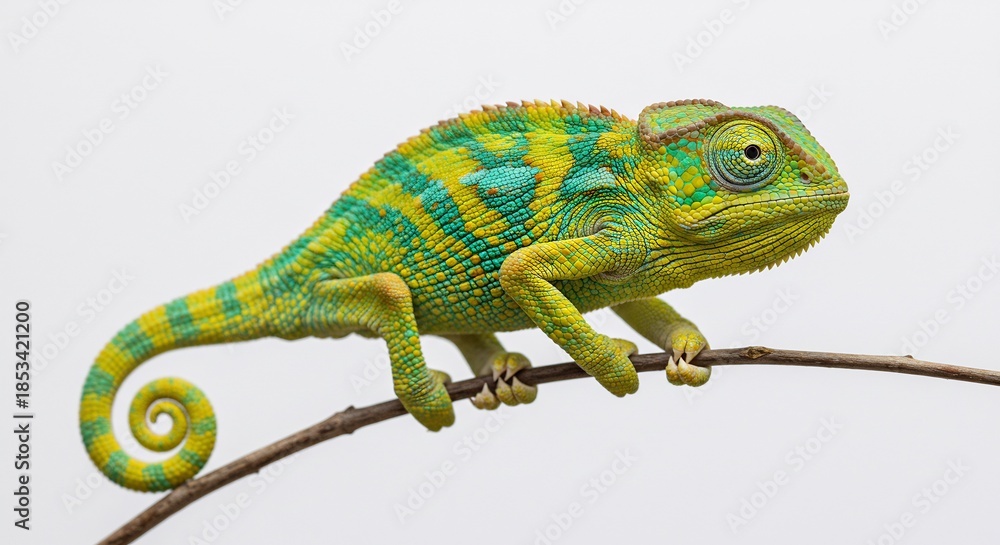 Obraz premium Vibrant green yellow chameleon perches on a brown twig beautifully contrasting with the pristine white backdrop. AI Generated