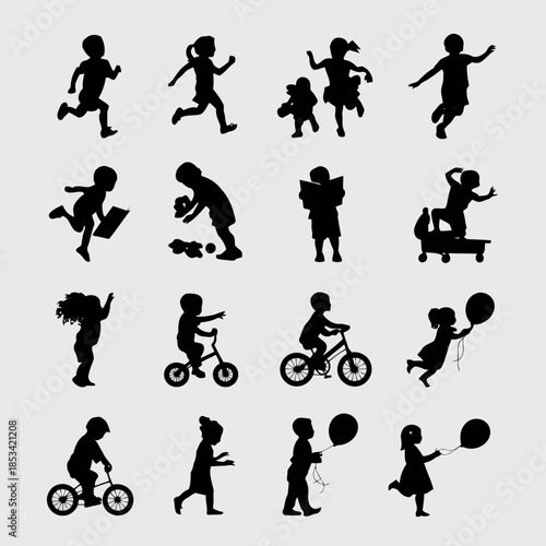 Collection of children playing and engaging in various activities isolated on light gray background vector