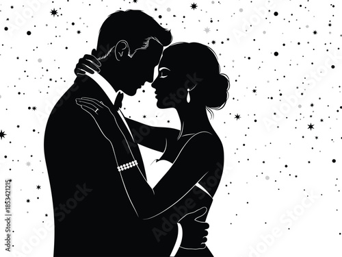 A striking silhouette depicts a couple tenderly embracing in a close dance set against a backdrop of sparkling scattered light particles
