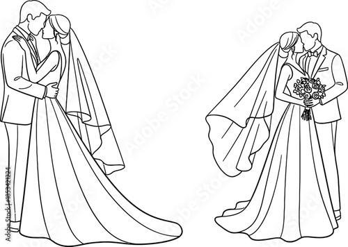 A delicate black and white sketch depicts a bride and groom embracing repeated twice symbolizing romance and commitment during a wedding ceremony