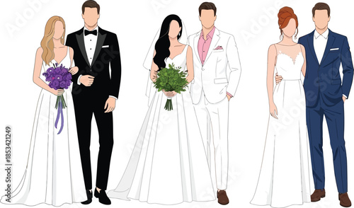 An illustration depicts three newlywed couples standing side by side each pair dressed in formal wedding attire showcasing diverse styles
