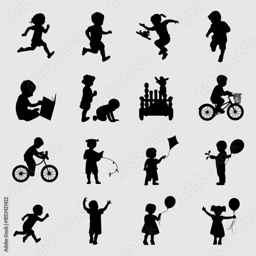 Collection of black silhouette illustrations of children playing and engaging in various activities isolated on light gray