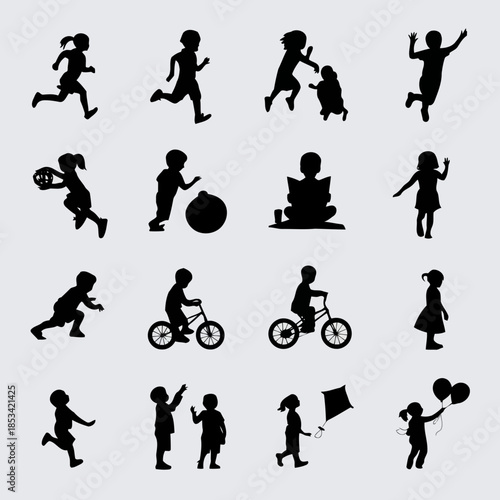 Collection of black silhouette icons depicting children engaging in various activities isolated on light gray background