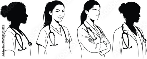 A diverse collection of female medical professionals depicted in a black and white illustrative style showcasing varying hairstyles and poses