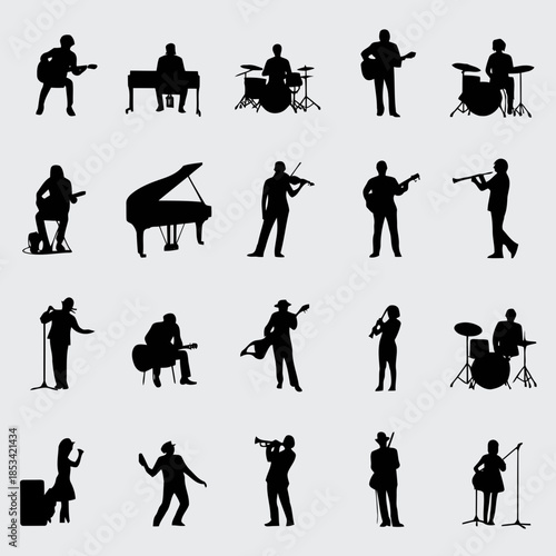 Silhouettes of musicians playing various instruments on white background vector
