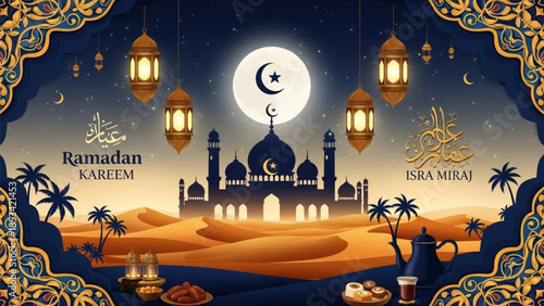 Islamic Celebration Background for Ramadan and Isra Miraj, Peaceful Mosque, Crescent Moon, 3D Vector Illustration