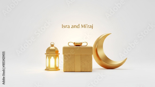 Isra and Mi'raj Islamic Holiday Concept, Elegant Gift Box, Glowing Lantern, Gold Crescent Moon, Luxury 3D Vector Style