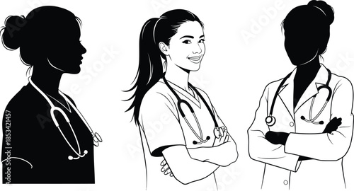 Three female medical professionals are depicted in a black and white illustration showcasing varying hairstyles and expressions within a healthcare setting