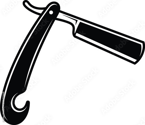 Black silhouette of an open vintage straight razor with a curved handle barber shaving