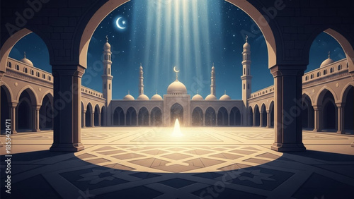 Holy Night of Isra Miraj, Peaceful Mosque Courtyard, Spiritual Ramadan Scene, 3D Vector Illustration