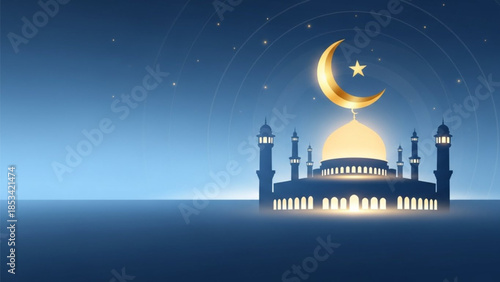 Isra and Mi'raj Celebration, Glowing Masjid Al-Aqsa, Golden Crescent Moon, Ramadan Night Sky, Spiritual Peace, Modern 3D Vector Illustration