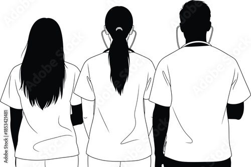 Three figures viewed from behind all wearing medical scrubs and protective face masks suggesting healthcare professionals during a pandemic high quality