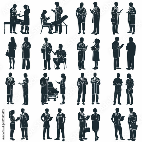 Silhouette illustrations of medical professionals and patients in various healthcare settings on white background vector