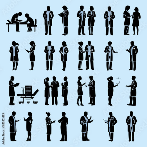 Collection of black silhouettes of doctors and medical staff on light blue background vector
