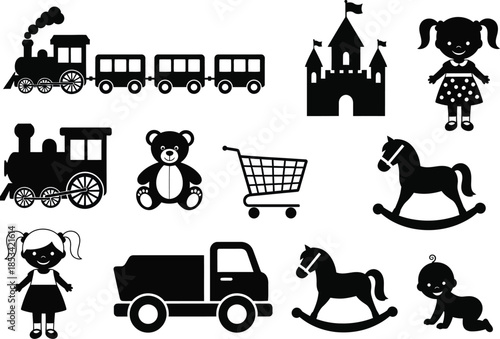 a collection of black silhouette illustrations depicting various children s toys including trains castles bears and rocking horses creating a playful scene