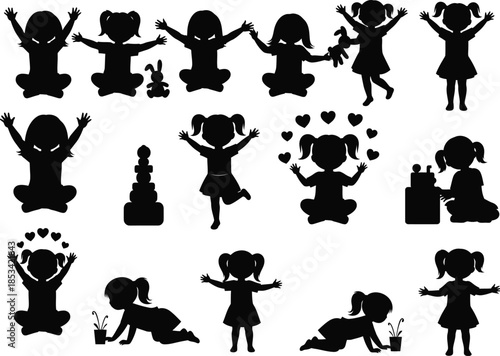 A collection of playful silhouettes depicts children engaged in various activities like yoga dancing and enjoying heartwarming moments together high quality