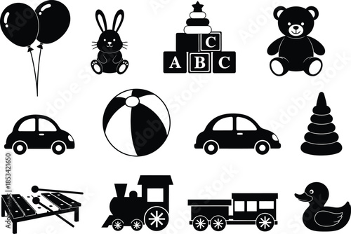 a collection of black silhouette icons depicting various childlike objects including toys balloons animals and vehicles is shown high quality professional