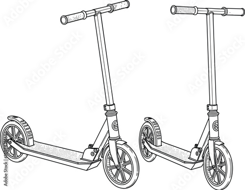 Kick Scooter Vector Illustration – Dual View of Minimalist Urban Commuter Design with T-Bar Handle and Spoked Wheels