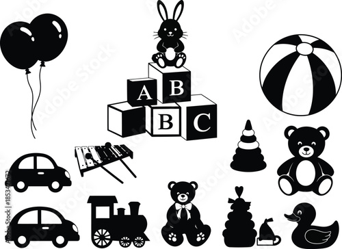 a collection of black silhouette icons depicting common baby and toddler toys including balloons blocks and a teddy bear high quality