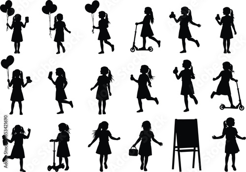 a collection of silhouetted children engaged in playful activities with balloons scooters and other joyful elements showcasing childhood fun high quality