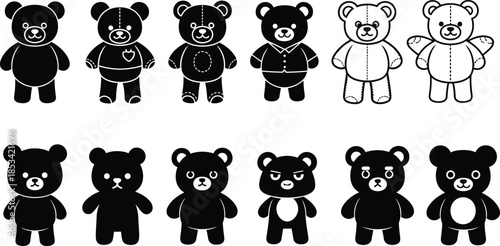 a collection of charming black and white cartoon bear illustrations showcasing various poses and styles for design projects and creative works