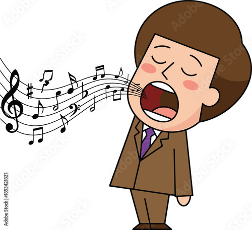 Cartoon Man Singing Opera With Musical Notes Floating Out vector illustration