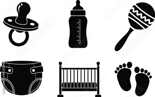 A collection of black silhouette icons representing essential baby items like pacifiers bottles rattles diapers cribs and tiny footprints high quality