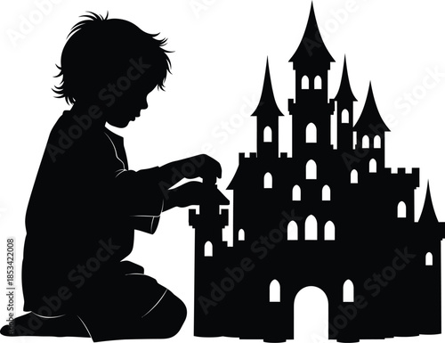 a silhouette of a child kneeling and intently playing with a detailed intricate castle toy on a plain white background