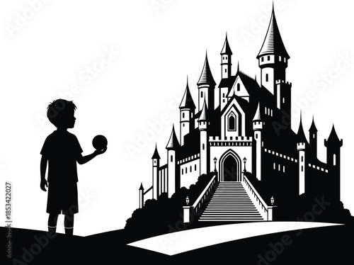a silhouetted illustration depicts a young boy facing a magnificent imposing castle suggesting a journey or fantastical adventure awaiting him