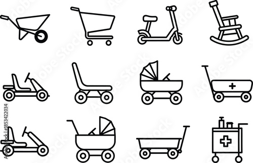 a collection of simple black and white line drawings depicting various modes of transportation for children including strollers and wagons