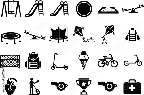 a collection of black and white icons depicting playground equipment recreational activities and various summer related objects is shown high quality