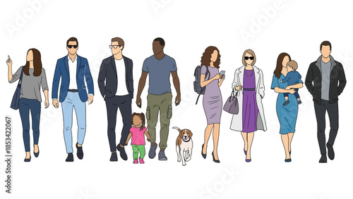 a diverse collection of stylized people walking forward including adults children and a dog showcasing varied outfits and appearances high quality
