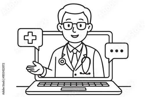 A clean vector design presents online medical consultation, featuring a laptop displaying a professional doctor, representing accessible healthcare, virtual communication, and health solutions..