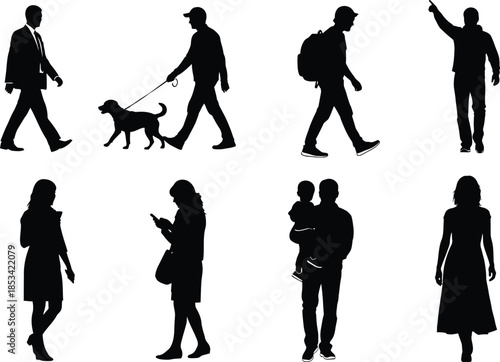 a collection of black silhouettes depicts diverse people walking standing and interacting in everyday life scenarios showcasing human activity high quality