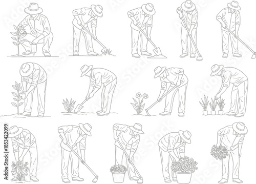 a series of sketches depict farmers working in a garden planting tending to plants and harvesting crops in a rustic style