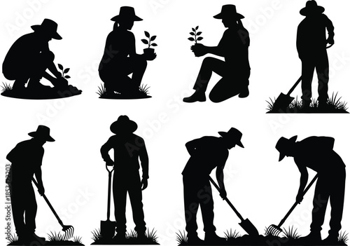 a collection of silhouettes depicts various gardening activities showing people planting digging and tending to plants in nature high quality professional