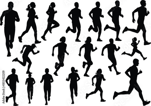 A collection of black silhouette figures depicts a group of people actively running or jogging showcasing movement and athleticism high quality