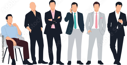 a collection of six diverse businessmen in suits and semi formal attire standing and seated portraying professional corporate culture and leadership