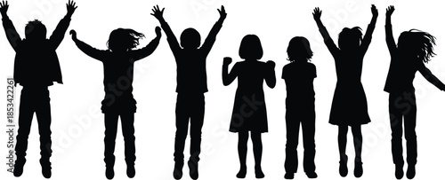 a group of silhouetted children with arms raised in joyous celebration appearing to jump with excitement and energy high quality professional