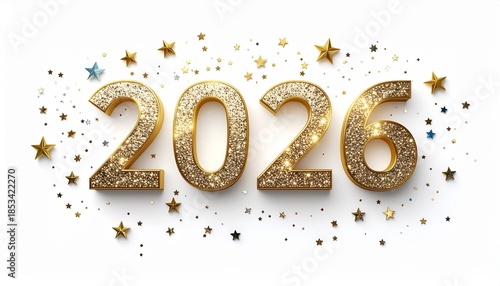 2026 New Year Gold Glitter Text and Stars on White Background