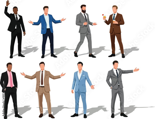 A diverse group of smartly dressed men in business attire are shown in various poses and outfits creating a professional aesthetic