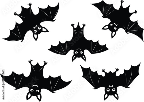A playful illustration depicts five black bats in various flying poses against a stark white background perfect for halloween decorations