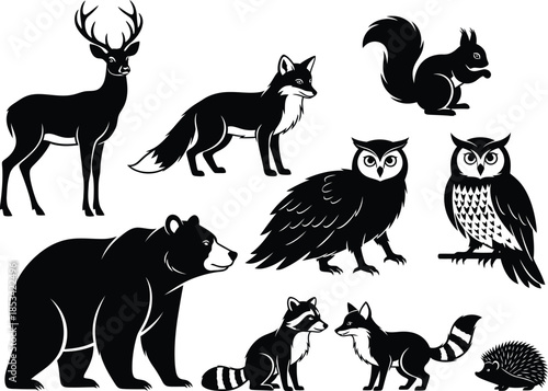 a detailed black and white illustration showcasing woodland creatures including a deer fox bear owls squirrel and hedgehog high quality professional