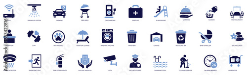 Professional flat icons of building amenities, including real estate gym pool, apartment parking wifi, and hotel elevator, suitable for property facility editable vector graphics