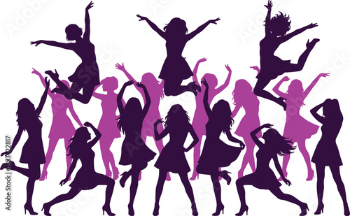 Diverse Group of Women Silhouettes Dancing and Celebrating Joyfully Keywords: celebration, dancing, party, women, silhouettes, joy