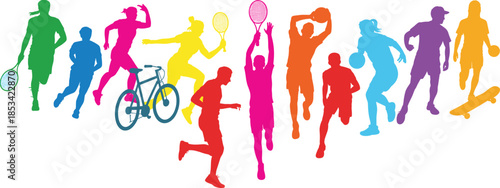 Diverse Silhouettes of People Engaged in Various Sports and Activities on White Keywords: sports, activity, silhouette, people