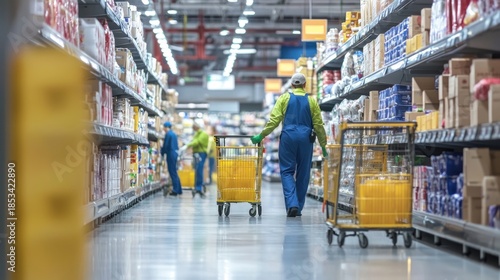 A cleaning team in a supermarket, wiping down carts and shelves.