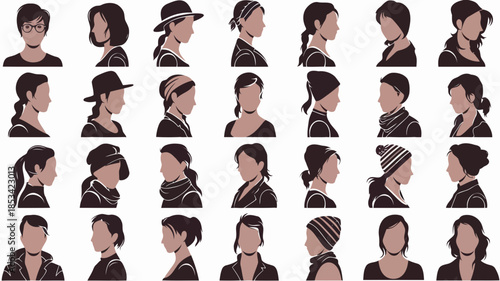 Collection of diverse women with various hairstyles and headwear isolated on white background vector