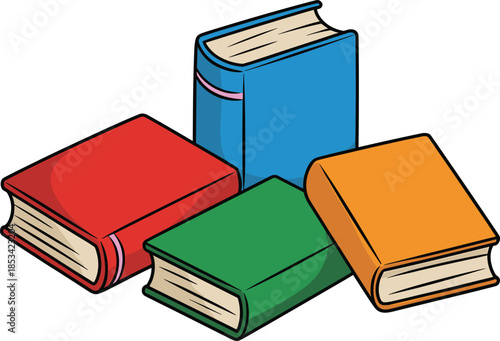 Four colorful books red blue green orange stacked on white background with one standing reading education